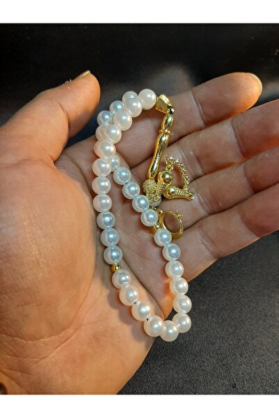 MRYart Beyaz Renk Plastik İnci ve Gold Renk Metal Detaylı 33 lük Tesbih