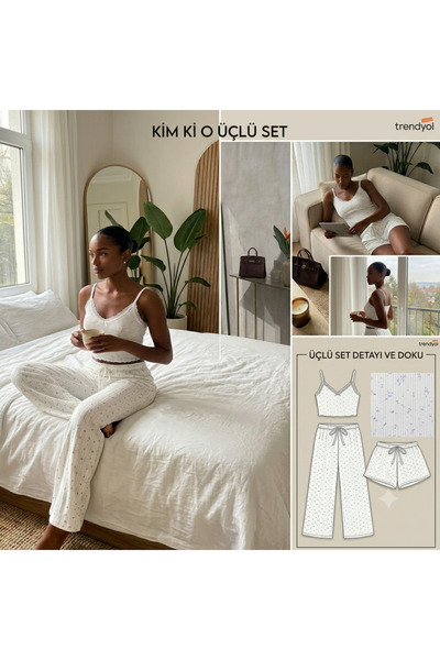 KİM Kİ O Kadın Beyaz Dantelli Fitilli 3'lü Ev Giyimi Pijama Seti Büstiyer Şort Ve Pantolon Takım