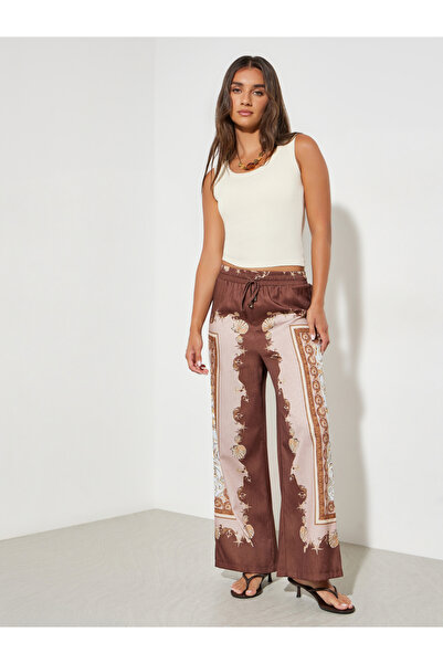 Styli Brown Scarf Print Wide Leg Trousers