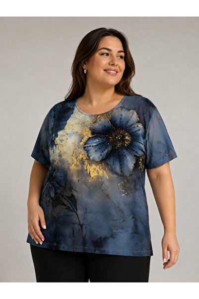 lavelina Plus Size Crew Neck Floral Printed Women's Blouse with Shiny Detail ...