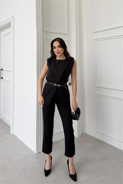 Neşeli Butik Women's Black Shoulder Button Detailed Sleeveless Blazer Pants S...