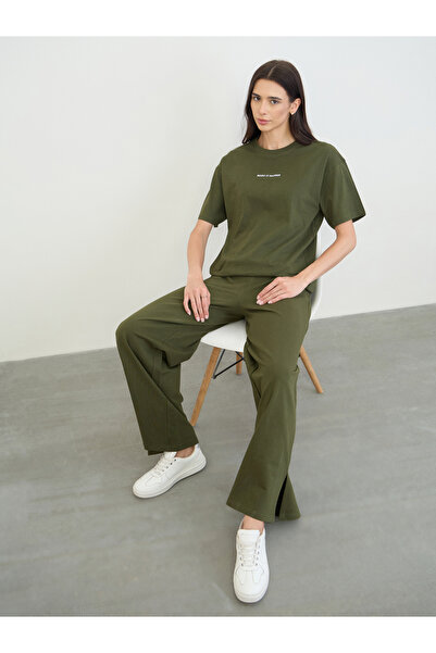 Styli Olive Cotton Longline T-Shirt and Pants Set