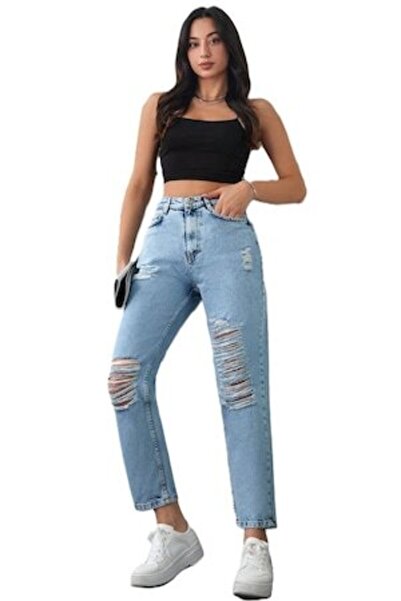 StreetWear Outlet Women's Jeans, Mom-Fit Cut with High Waist and Rips, Dark B...