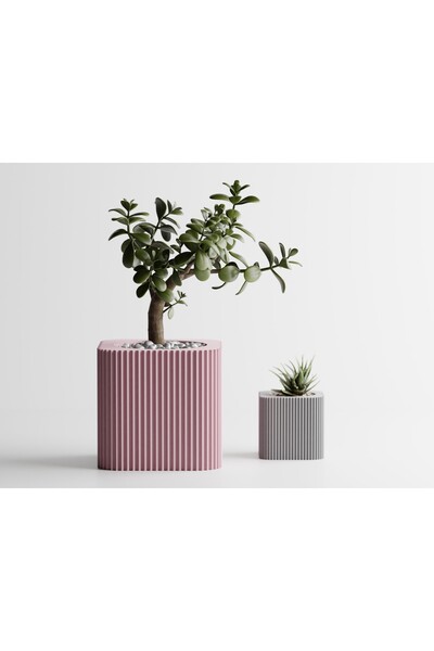 Tasarım Linea Dekoratif Saksı - Pudra Dikey Çizgili Bitki Saksısı 6 cm
