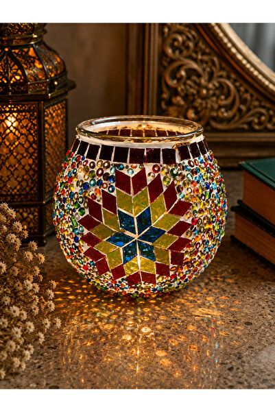 ARUZEN Renkli Cam Mozaik Mumluk Dekoratif Yıldız Desenli Şık Tealight Mumluk ...