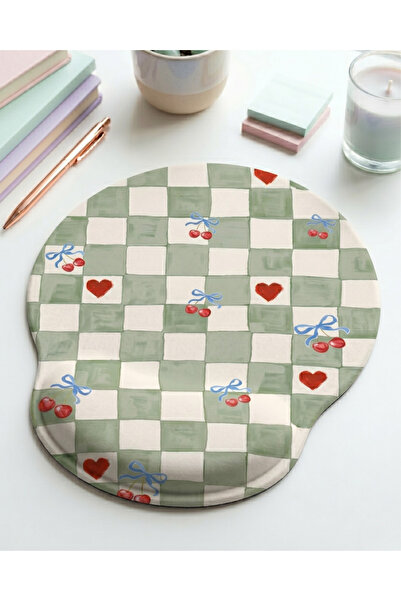 matizya Yeşil Kareli Kiraz ve Kalp Desenli Bilek Destekli Mousepad 23 x 19 cm...