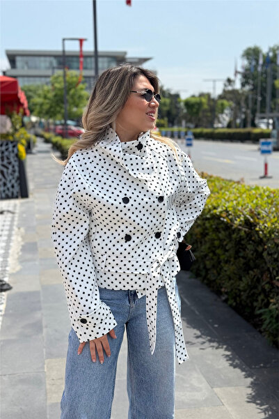 By Esra Celkan White Small Polka Dot Belted Short Trench Coat