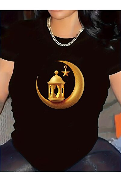 bolivia's قميص نسائي إسلامي بتصميم الهلال والفانوس العربي لرمضان - أبيض وذهبي...