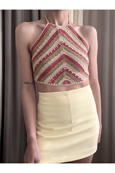 Manella Collective Pembe Merserize Örgü Crop Top Halter Yaka Desenli El Yapım...