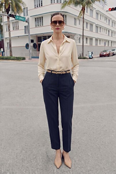 Sateen Beli Lastikli Klasik Pantolon - Lacivert