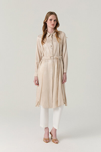 Zühre Shiny Textured Shirt with Buckle Belt and Collar Vanilla Tunic 1624