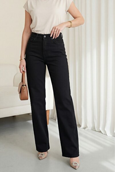 HİJABAYA Pantaloni din denim cu talie înaltă și buzunare la picior - Negru