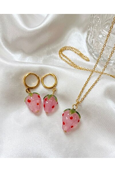 cammurano Murano Cam Pembe Çilek Set Gold Kadın Kolye Küpe Set