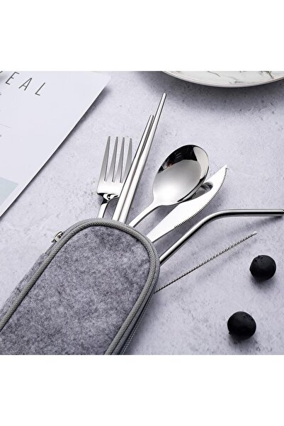 Yıldızan 8 Parça Çantalı Yolculuk Çatal Bıçak Kaşık Pipet Chopstick Seti Kamp...