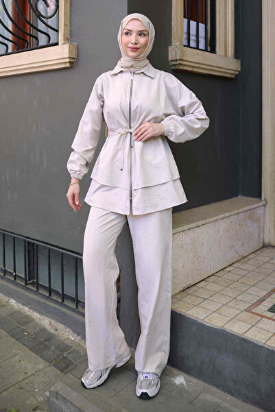 İmajButik Beige Zippered Waist Tie Jacket and Trousers Set