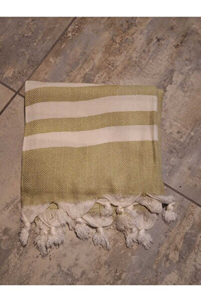 TooHot Oil Green Cotton Stripe Detailed Tasseled Peshtemal Bath and Beach Towel