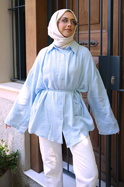 İmajButik Baby Blue Wide Sleeve Loose Muslin Tunic
