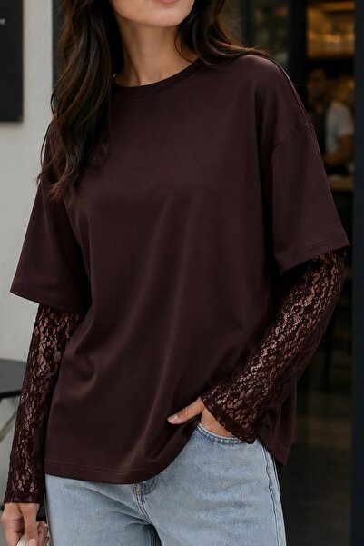 İmajButik Brown Crew Neck Blouse with Ruffles on the Sleeves