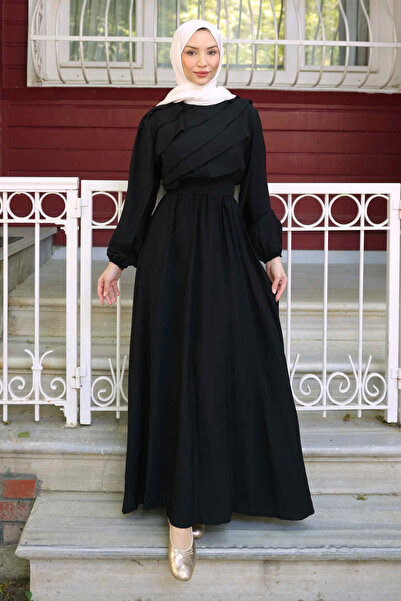 İmajButik Black Ruffle Layered Elastic Waist Dress
