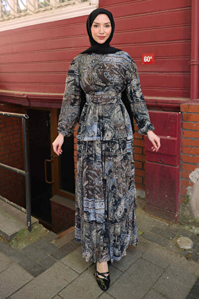 İmajButik Anthracite Skirt Layered Patterned Chiffon Dress