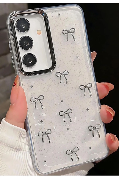m.tk moveteck Samsung Galaxy A37 Uyumlu Kılıf Fiyonk Desenli Şeffaf Simli Güm...