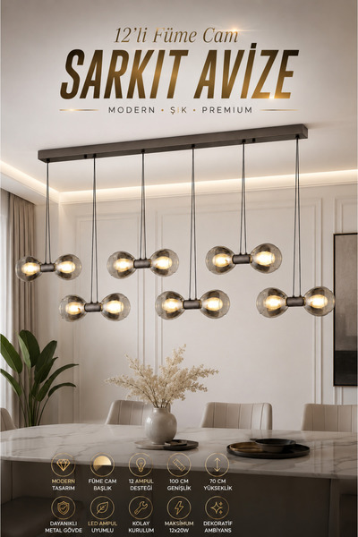 Elvora Home Eskitme (PREMİUM) LED Füme Cam Sarkıt Avize Yemek Masası Salon Av...