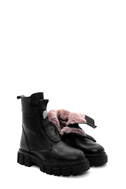 MirgeShoes Siyah Fermuarlı Kadın Tarz Bot İçi Kürklü Dışı Hakiki Floter Deri ...