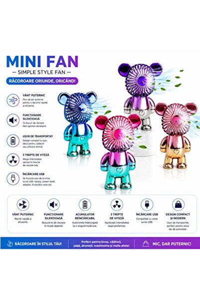 hey Mini ventilator portabil 14 cm, design ursuleț, 3 trepte, USB