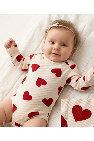 cacobutik Baby Girl Heart Printed Long Sleeve Ribbed Bodysuit Beige