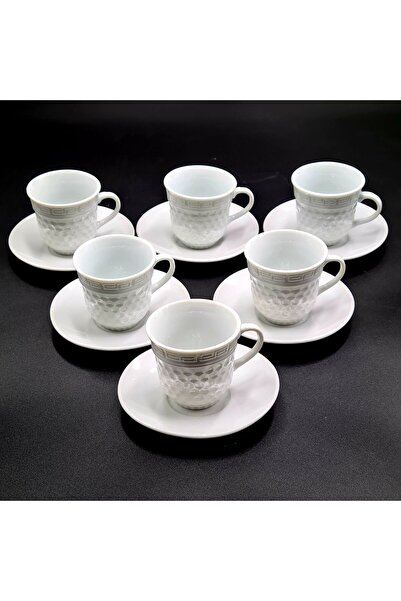 konak alışveriş Set of 6 Porcelain Coffee Cups – White Engraved Pattern