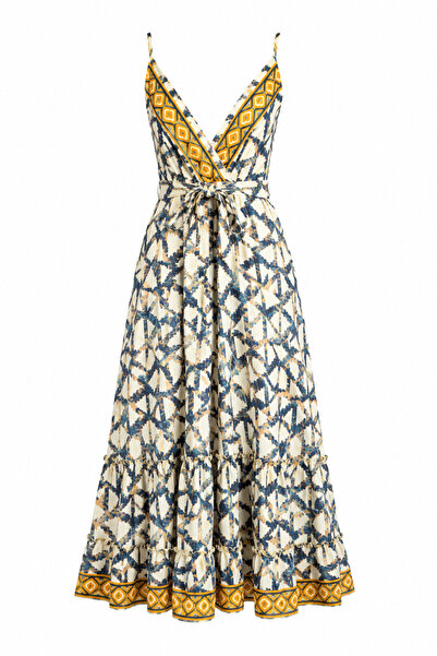 HAZELANNA V-Neck Belted Imported Satin Patterned Dress