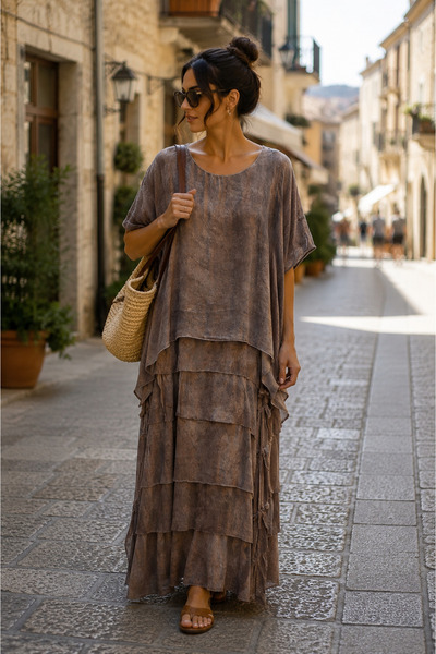 EREN STYLE Italian Vintage 2 Size Slimming Half Sleeve Layered Silk Dress