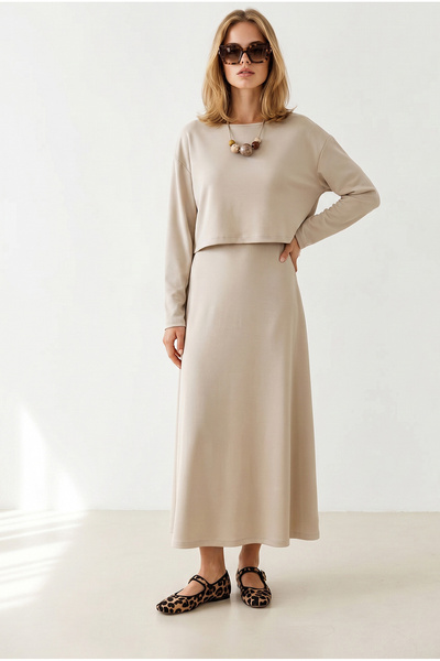 Olalook Women's Stone Inner Dress Top Blouse Modal Buttoned Dress Set Tkm-190...