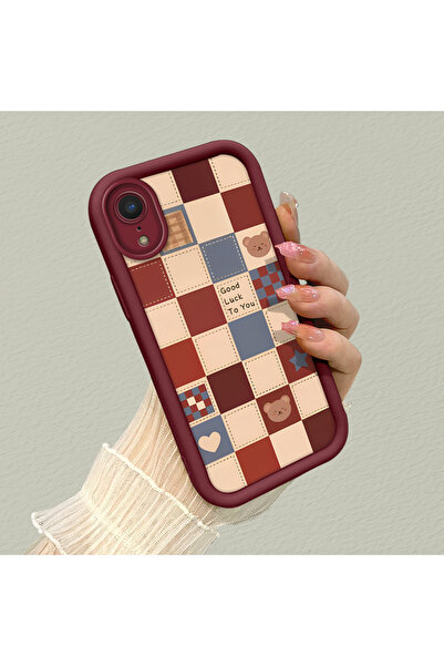 PATTERNOVA iPhone XR Uyumlu Yüksek Kaliteli Bordo Kareli Ayı Kılıf, Retro Zar...