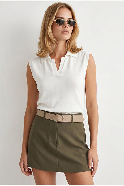 Olalook Women's White Polo Collar Viscose Content Flowy Knitwear Blouse Blz-1...