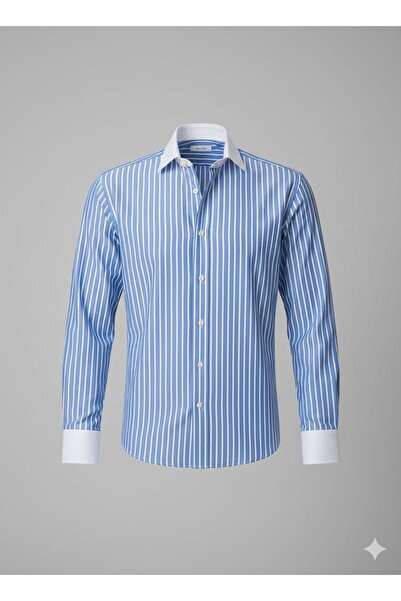 BAYIM Dikey Çizgili Tasarım Kontrast Yaka Casual Slim Fit Erkek Gömlek