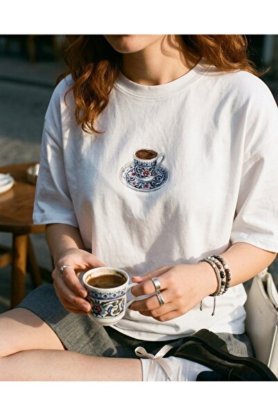 HB MODAA Türk Kahvesi Baskılı Beyaz Oversize T-shirt