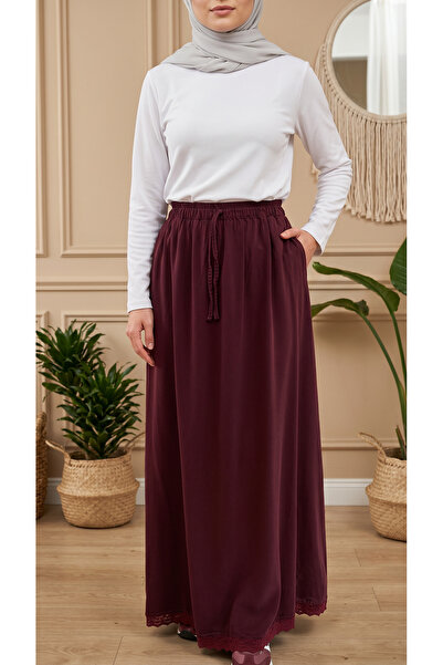 3B Stil Embroidered Lace Tencel Skirt with Elastic Waist and Double Pockets