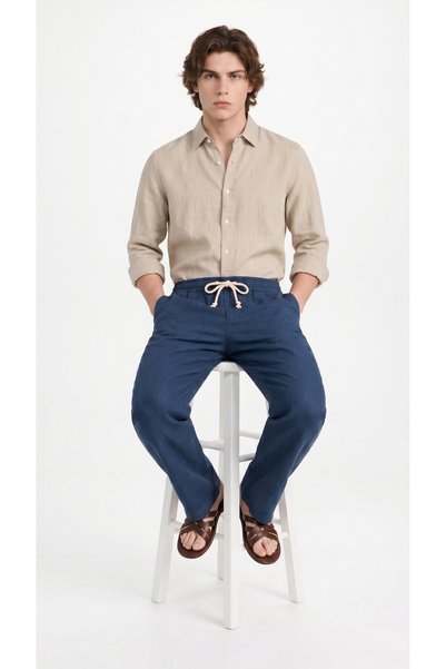 BADESSA Men's Navy Blue Comfortable Fit Linen Muslin Trousers Lightweight Casual Thin Fabric with Back Pockets