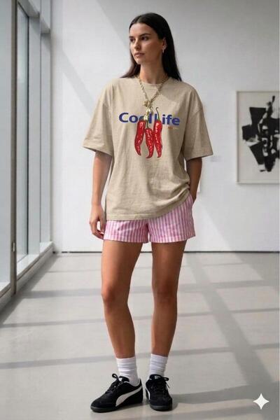 CAST COLLECTİON Tricou oversize cu imprimeu Cool Life bej pentru femei