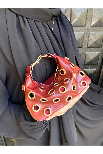 H&D COLLECTİON حقيبة بمظهر جلدي مع إكسسوارات معدنية ذهبية مناسبة للاستخدام عل...