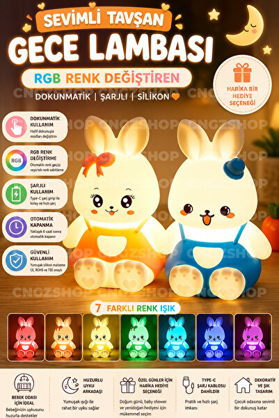 CNGZSHOP Sevimli Tavşan Gece Lambası RGB Renk Değiştiren Dokunmatik Silikon B...