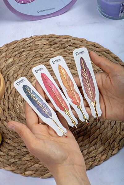 DİVAL Book Notebook Bookmark with Pen - Colorful Feathers