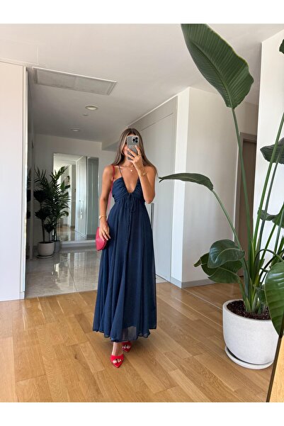 MERVE AKSOY Lacivert Puantiyeli Askılı Şifon Elbise