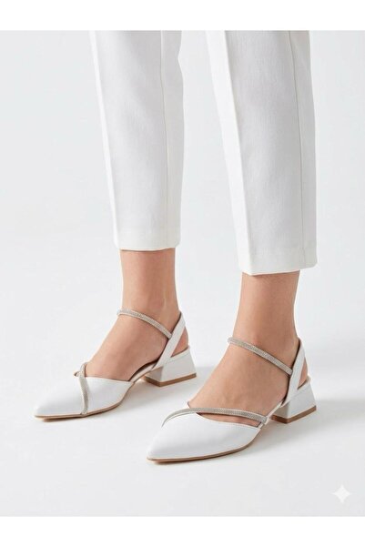 Lütfi Women's White Thick Heel Comfortable Fit Heeled Ballerina Shoes