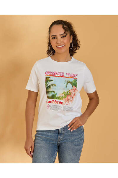 REDTAG Women White Guana Bay Graphic T-Shirt