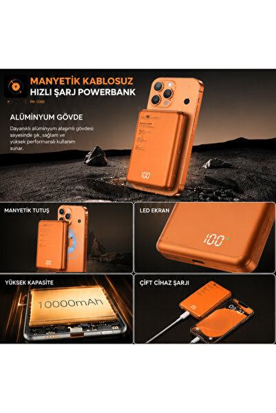 Totu PB-1008 10000 mAh 20W PD QC 3.0 Turuncu MagSafe Manyetik Kablosuz Hızlı Şarj Destekli Slim Powerbank