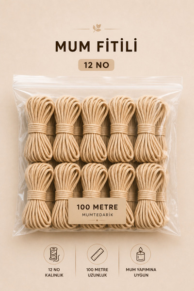MUMTEDARİK Mum Fitili 12 No 100 Metre | Kalın Mum İpi Mum Yapımı İçin