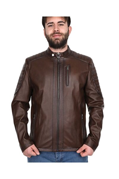 EGE DERİ 100% Genuine Lamb Leather Men's Brown Coat with Collar with Buckle