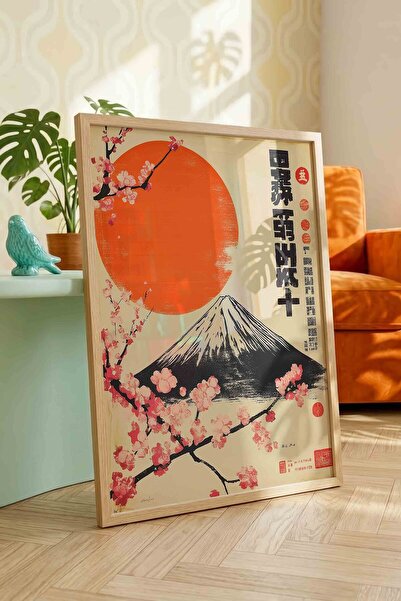 Buka Shops Japandi Tarzı Fuji Dağı ve Sakura Çiçekleri - Ahşap Çerçeveli Tablo